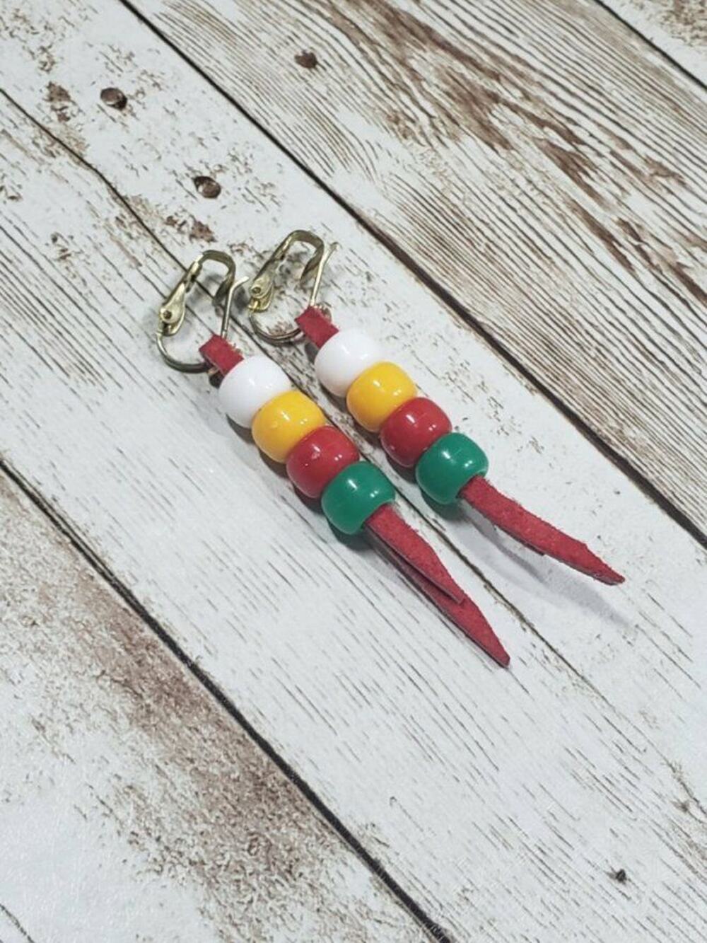 Vintage Clip On Earrings Red Yellow Green White Beaded Dangle